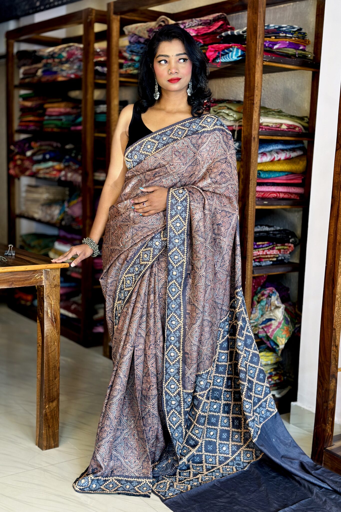 Blue - Kutch Tagai Work Ajrakh Mashru Silk Cushion Cover (16 x 16 in)